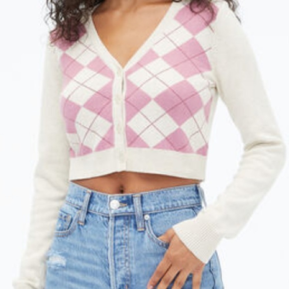 Aeropostale Knit Pink and White Argyle Print Cropped Sweater Size S